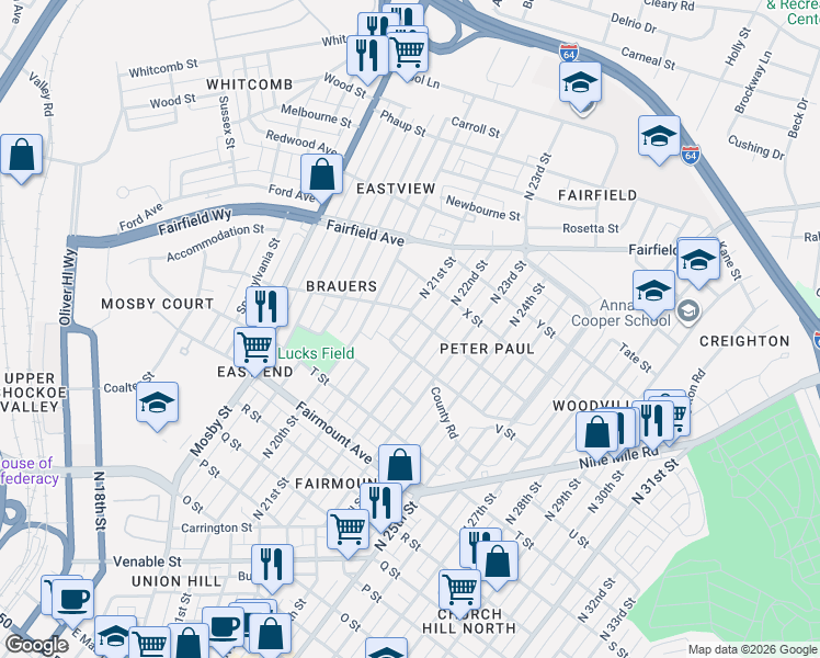 map of restaurants, bars, coffee shops, grocery stores, and more near 1608 North 22nd Street in Richmond