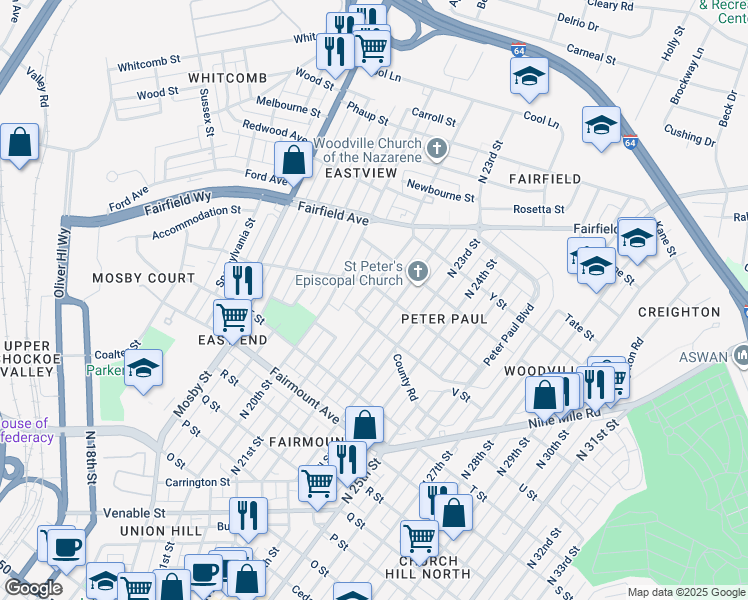 map of restaurants, bars, coffee shops, grocery stores, and more near 1617 North 21st Street in Richmond