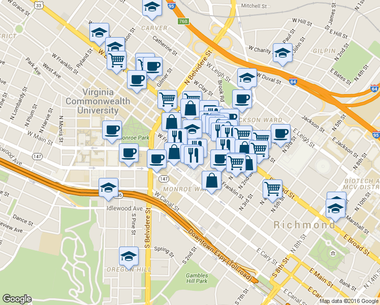 map of restaurants, bars, coffee shops, grocery stores, and more near 212 West Franklin Street in Richmond