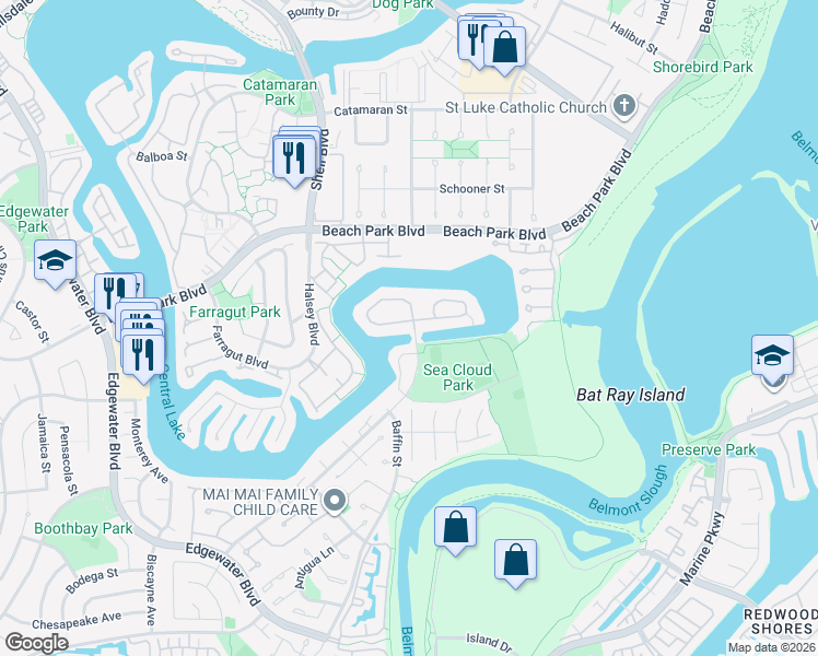 map of restaurants, bars, coffee shops, grocery stores, and more near 801 Grenada Lane in Foster City