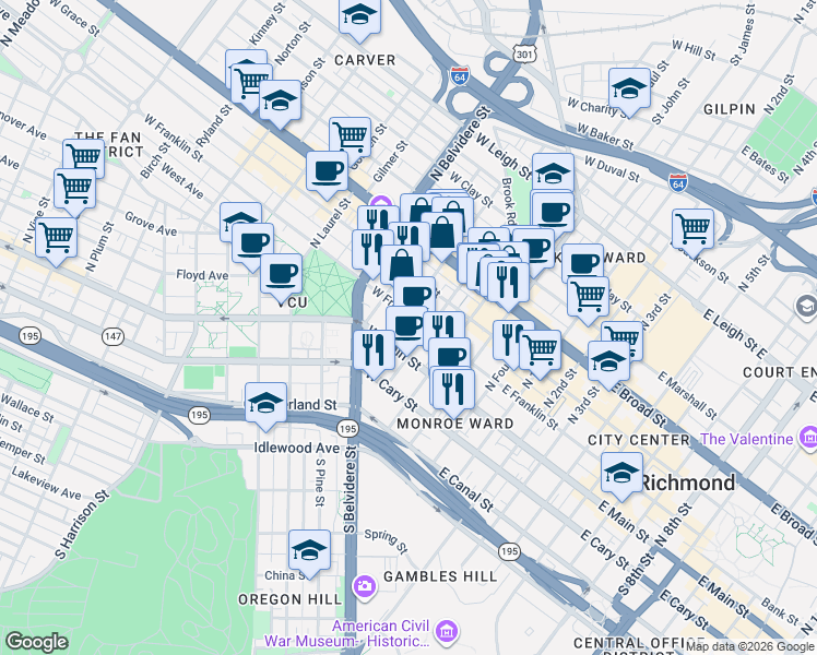 map of restaurants, bars, coffee shops, grocery stores, and more near 211 West Franklin Street in Richmond