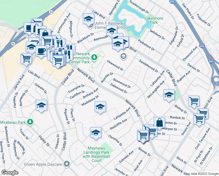 map of restaurants, bars, coffee shops, grocery stores, and more near 35926 Newark Boulevard in Newark