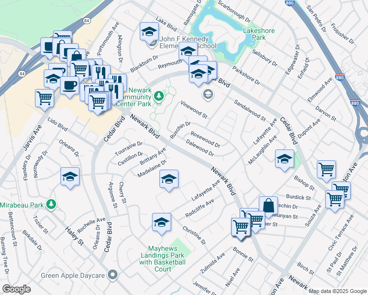 map of restaurants, bars, coffee shops, grocery stores, and more near 35926 Newark Boulevard in Newark
