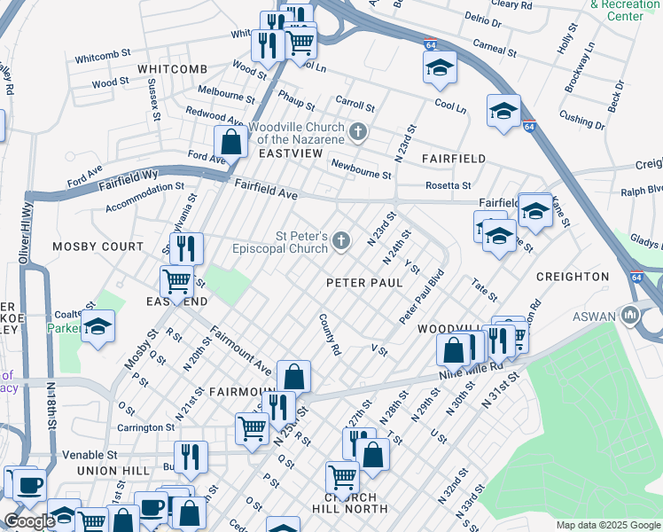 map of restaurants, bars, coffee shops, grocery stores, and more near 1707 North 22nd Street in Richmond