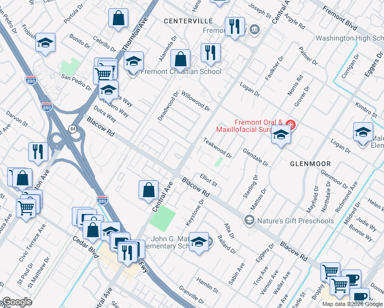 map of restaurants, bars, coffee shops, grocery stores, and more near 37622 Central Cove Court in Fremont