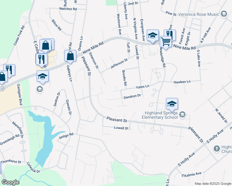 map of restaurants, bars, coffee shops, grocery stores, and more near 5563 Yates Lane in Richmond