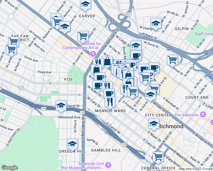 map of restaurants, bars, coffee shops, grocery stores, and more near 212 West Franklin Street in Richmond