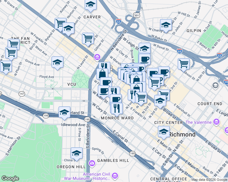 map of restaurants, bars, coffee shops, grocery stores, and more near 212 West Franklin Street in Richmond