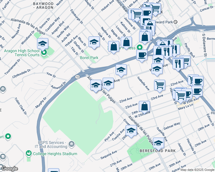 map of restaurants, bars, coffee shops, grocery stores, and more near 2001 Alameda de las Pulgas in San Mateo