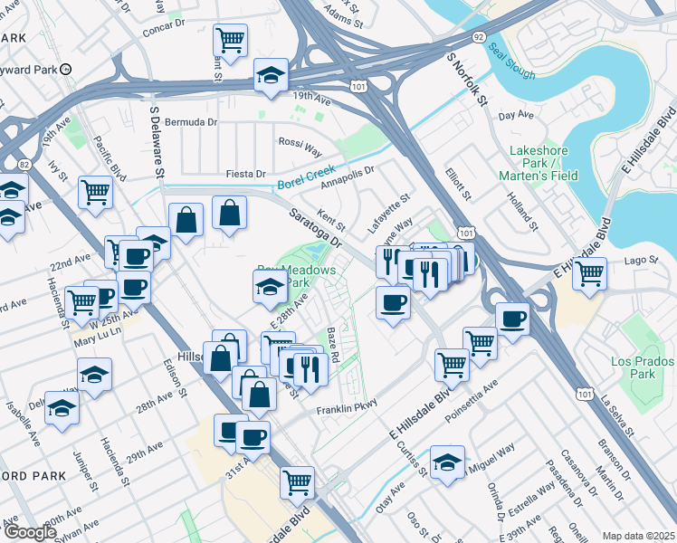 map of restaurants, bars, coffee shops, grocery stores, and more near 479 Landeros Drive in San Mateo