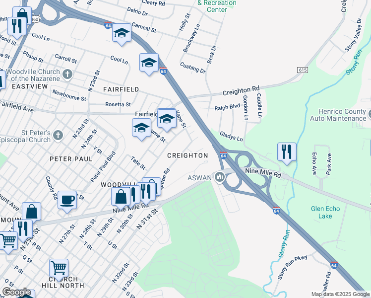 map of restaurants, bars, coffee shops, grocery stores, and more near in Richmond