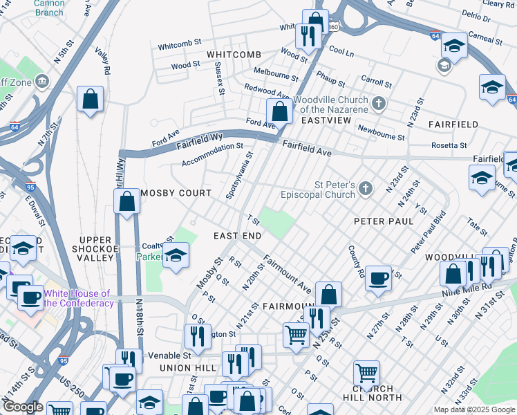map of restaurants, bars, coffee shops, grocery stores, and more near 1415 Rogers Street in Richmond