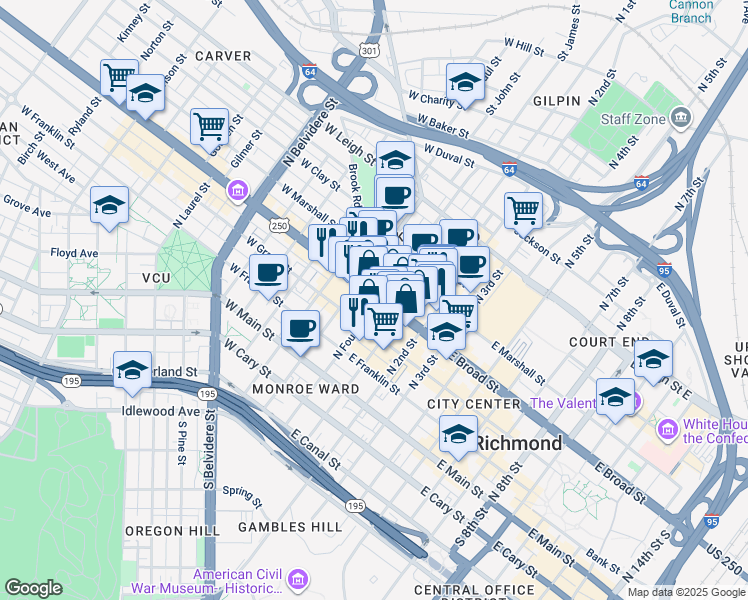 map of restaurants, bars, coffee shops, grocery stores, and more near in Richmond