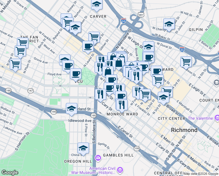 map of restaurants, bars, coffee shops, grocery stores, and more near 211 West Franklin Street in Richmond