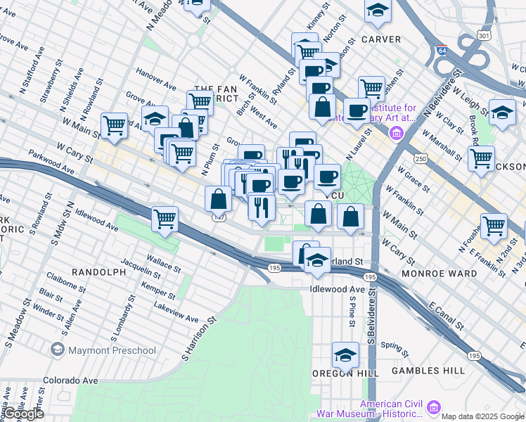 map of restaurants, bars, coffee shops, grocery stores, and more near 12 South Harrison Street in Richmond
