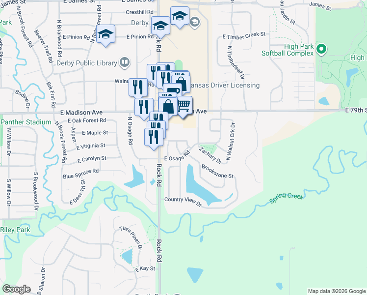 map of restaurants, bars, coffee shops, grocery stores, and more near 1804 East Osage Road in Derby