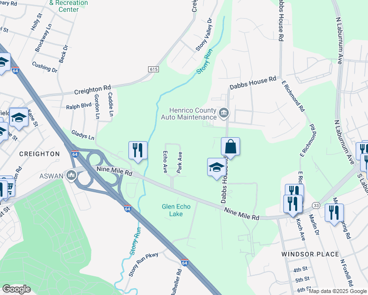 map of restaurants, bars, coffee shops, grocery stores, and more near 521 Park Avenue in Richmond