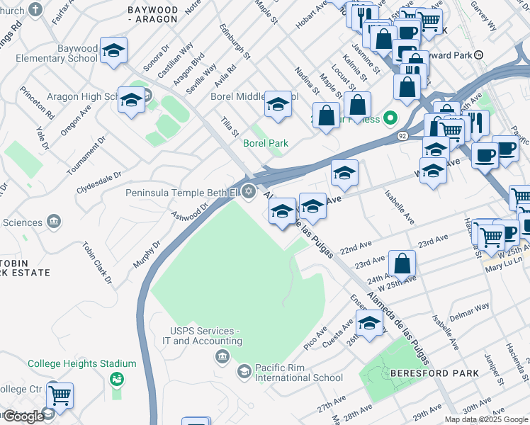 map of restaurants, bars, coffee shops, grocery stores, and more near 1900 Alameda de las Pulgas in San Mateo