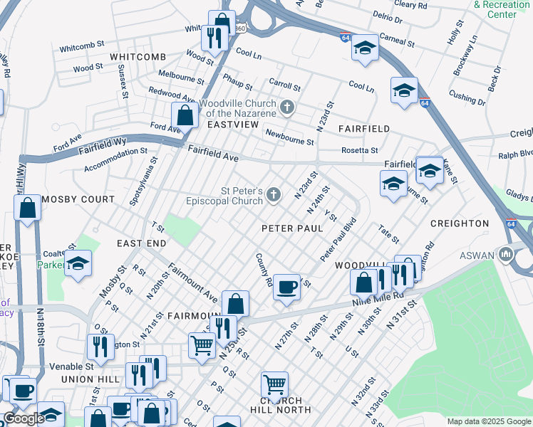 map of restaurants, bars, coffee shops, grocery stores, and more near 1707 North 22nd Street in Richmond