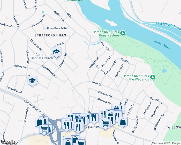 map of restaurants, bars, coffee shops, grocery stores, and more near 3341 Pinebrook Drive in Richmond