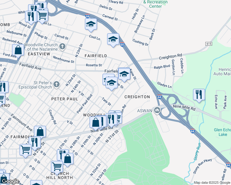 map of restaurants, bars, coffee shops, grocery stores, and more near 2005 North 28th Street in Richmond