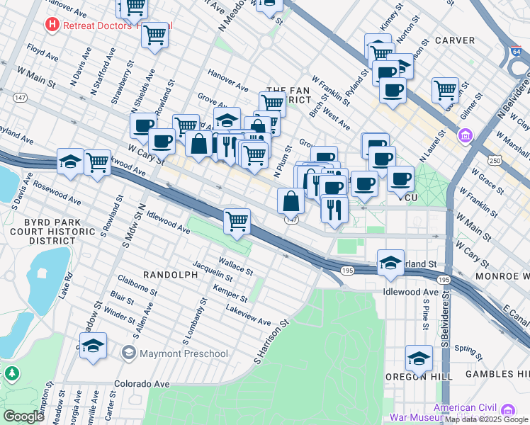 map of restaurants, bars, coffee shops, grocery stores, and more near 1501 1/2 West Cary Street in Richmond