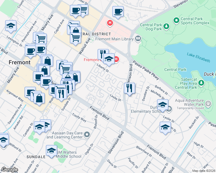 map of restaurants, bars, coffee shops, grocery stores, and more near 3541 Madison Common in Fremont