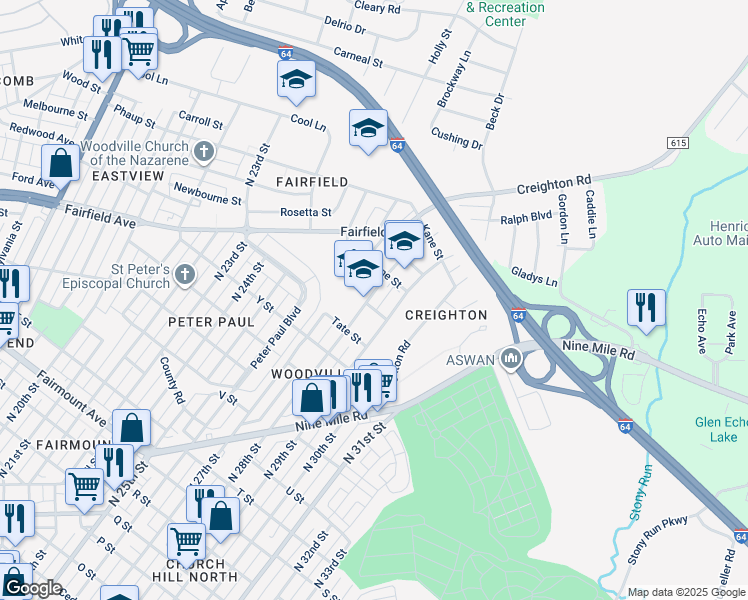 map of restaurants, bars, coffee shops, grocery stores, and more near 2005 North 28th Street in Richmond