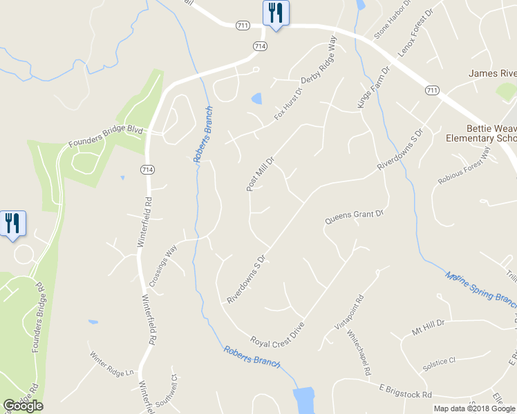 map of restaurants, bars, coffee shops, grocery stores, and more near 3412 Post Mill Drive in Midlothian