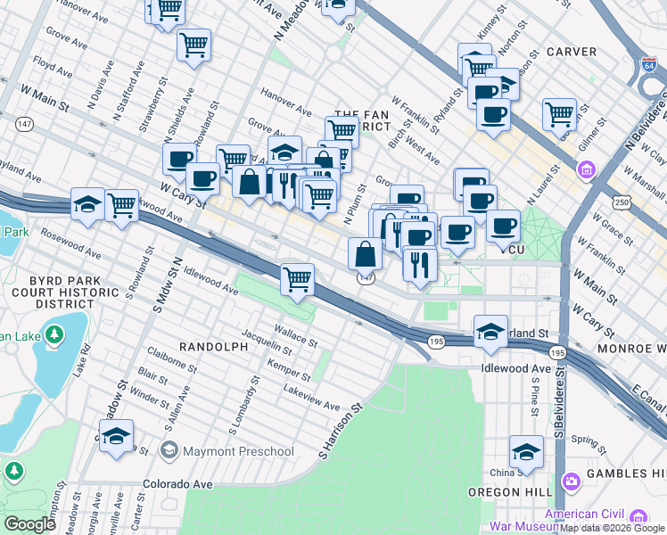 map of restaurants, bars, coffee shops, grocery stores, and more near 1501 West Cary Street in Richmond