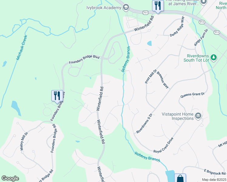 map of restaurants, bars, coffee shops, grocery stores, and more near 14402 Michaels Ridge Road in Midlothian