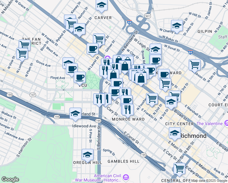 map of restaurants, bars, coffee shops, grocery stores, and more near 321 West Franklin Street in Richmond