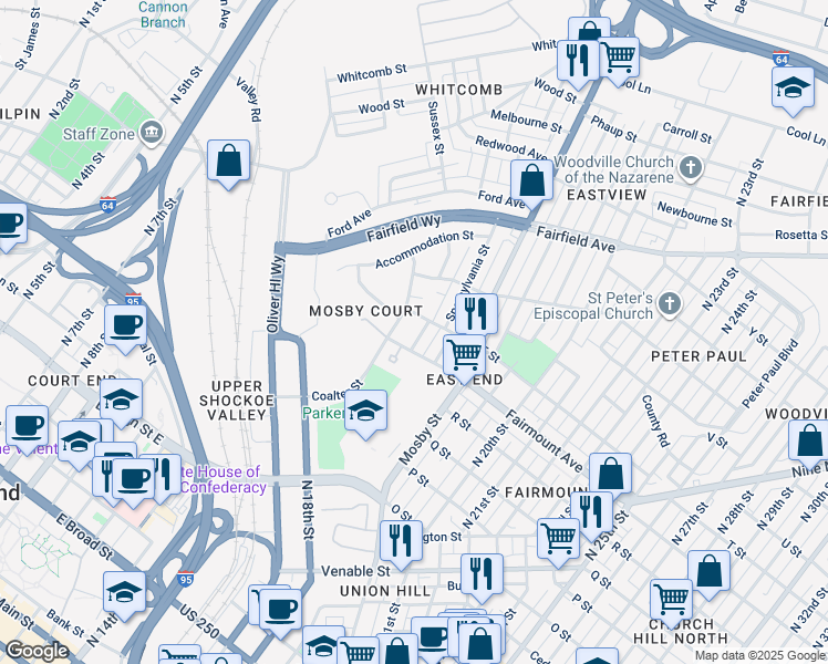 map of restaurants, bars, coffee shops, grocery stores, and more near 1408 Bryan Street in Richmond
