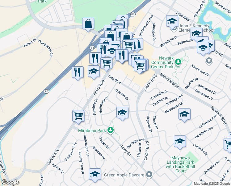 map of restaurants, bars, coffee shops, grocery stores, and more near 35421 Cleremont Drive in Newark