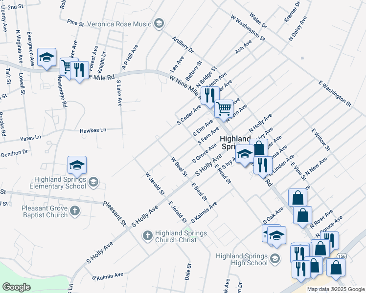 map of restaurants, bars, coffee shops, grocery stores, and more near 113 South Elm Avenue in Highland Springs