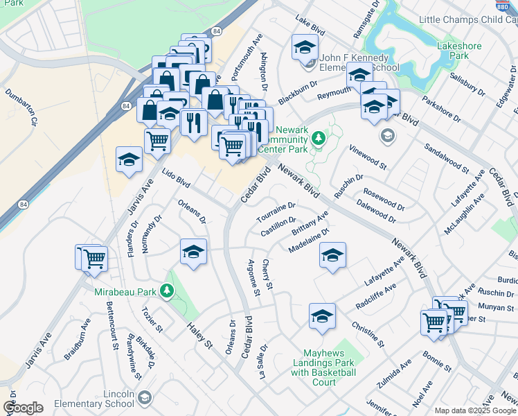 map of restaurants, bars, coffee shops, grocery stores, and more near 6214 Cedar Boulevard in Newark