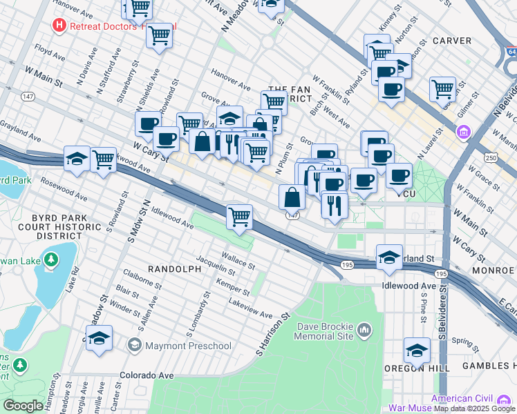 map of restaurants, bars, coffee shops, grocery stores, and more near 1415 West Cary Street in Richmond