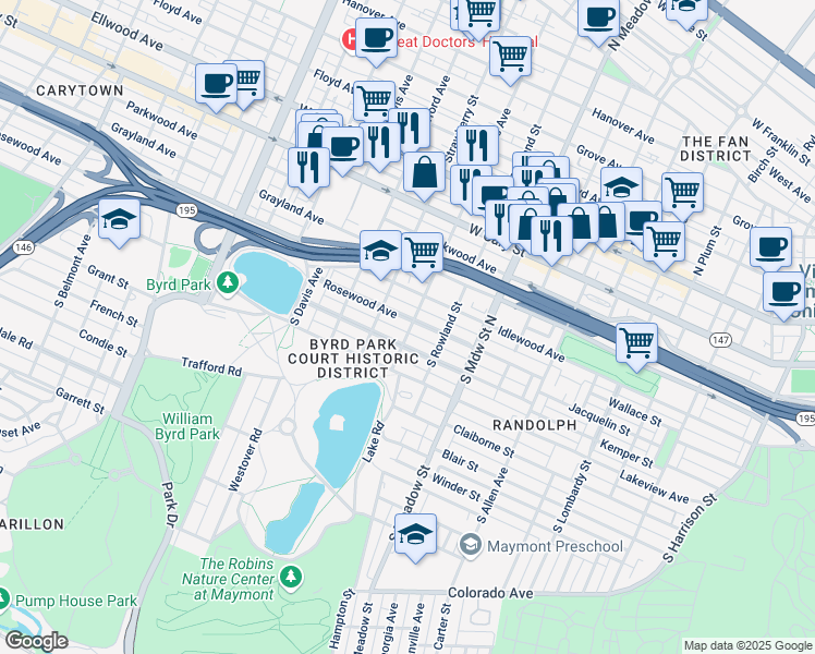 map of restaurants, bars, coffee shops, grocery stores, and more near 2201 Rosewood Avenue in Richmond