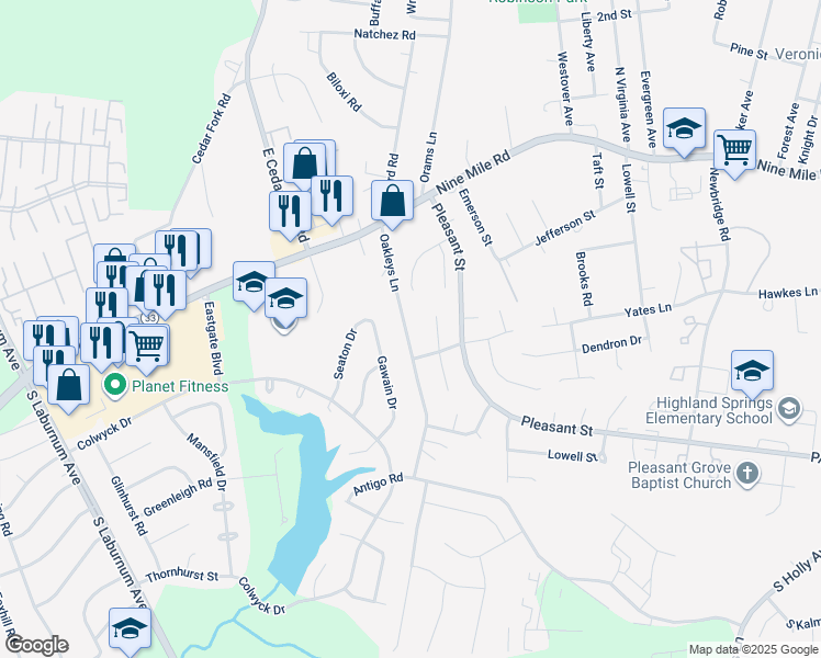 map of restaurants, bars, coffee shops, grocery stores, and more near 3963 Oakleys Lane in Richmond