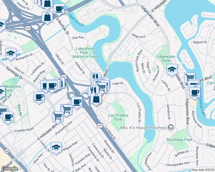 map of restaurants, bars, coffee shops, grocery stores, and more near 3015 Los Prados Street in San Mateo
