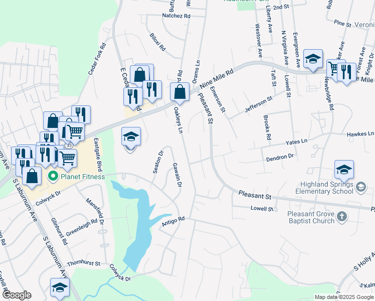 map of restaurants, bars, coffee shops, grocery stores, and more near 3963 Oakleys Lane in Richmond