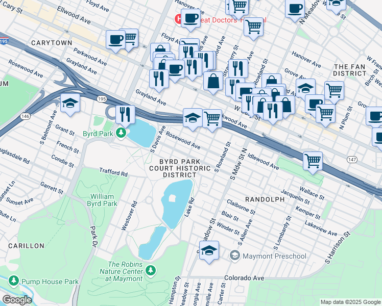 map of restaurants, bars, coffee shops, grocery stores, and more near 2230 Maplewood Avenue in Richmond