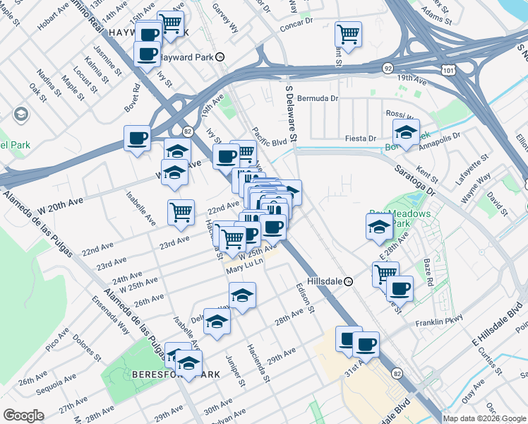 map of restaurants, bars, coffee shops, grocery stores, and more near 20 24th Avenue in San Mateo
