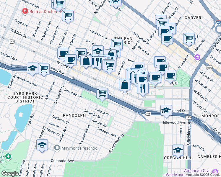 map of restaurants, bars, coffee shops, grocery stores, and more near 1517 West Cary Street in Richmond