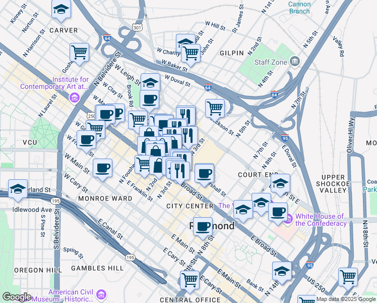 map of restaurants, bars, coffee shops, grocery stores, and more near 217 East Clay Street in Richmond