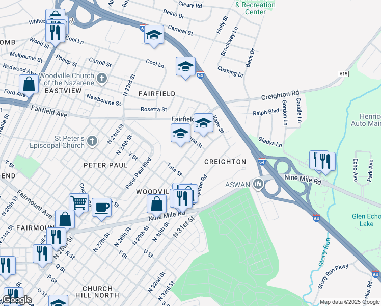 map of restaurants, bars, coffee shops, grocery stores, and more near 2009 North 28th Street in Richmond