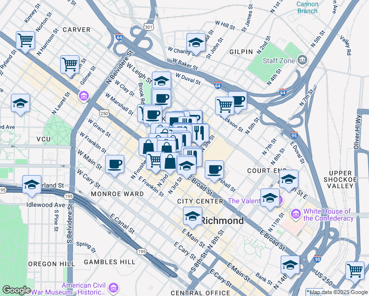 map of restaurants, bars, coffee shops, grocery stores, and more near 310n North 3rd Street in Richmond