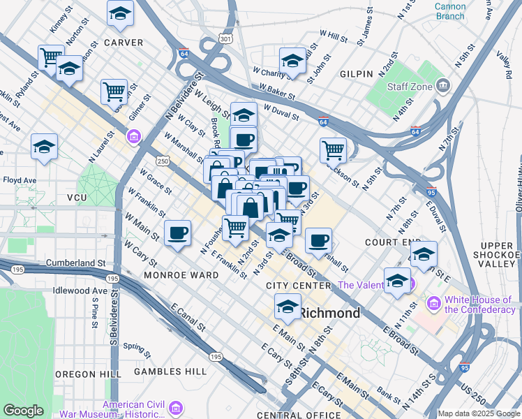 map of restaurants, bars, coffee shops, grocery stores, and more near 101 East Marshall Street in Richmond