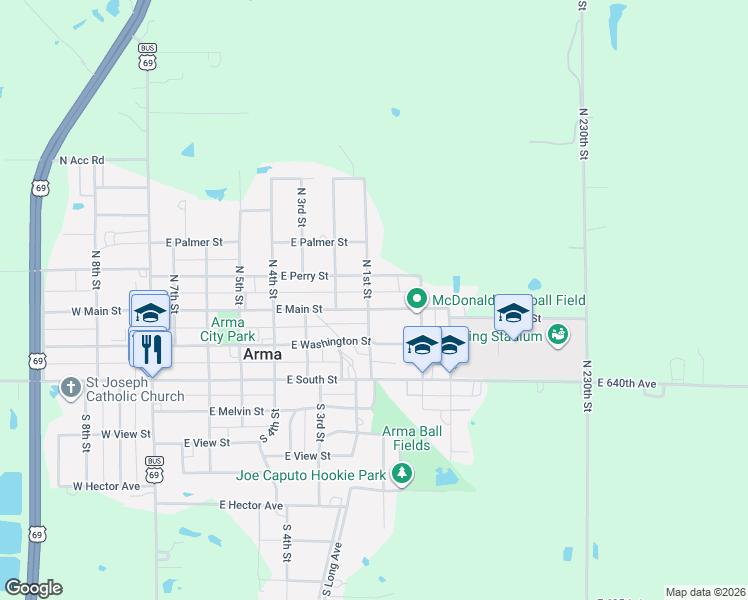map of restaurants, bars, coffee shops, grocery stores, and more near 804 East Perry Street in Arma