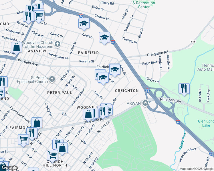 map of restaurants, bars, coffee shops, grocery stores, and more near 2009 North 28th Street in Richmond